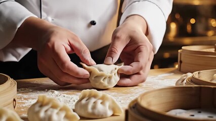 A skilled chefs hands meticulously prepare traditional Asian dumplings expertly folding the delicate dough around a savory filling on a rustic wooden surface showcasing the intricate culinary art of .