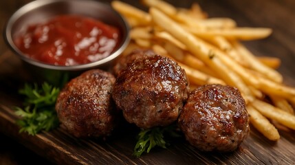 Delicious meatballs with french fries and ketchup
