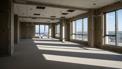 A vacant office space with large windows and natural light pouring in, showcasing a modern architectural design and unfinished interiors