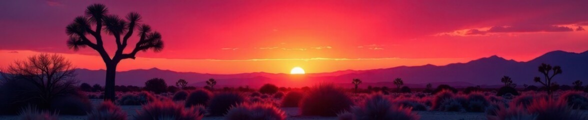 Crimson sunrise paints the Joshua Trees, stark silhouettes against vibrant sky, vibrant, phenomenal