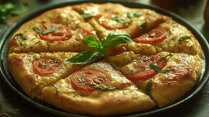 Freshly baked tomato and basil pizza