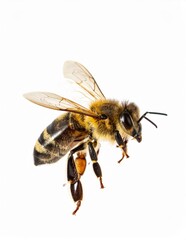 Bee Close Up, Honeybee Macro View on White Background No Shadow