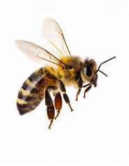 Bee Close Up, Honeybee Macro View on White Background No Shadow