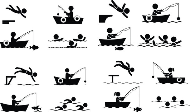Set of black and white pictograms representing various water activities like swimming, diving, and fishing