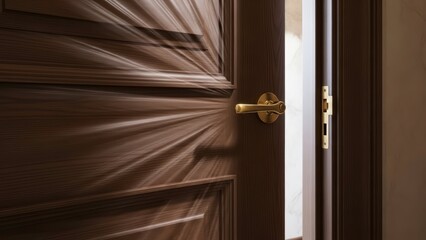 A partially open wooden door with a gold handle and latch, leading to a bright interior space.