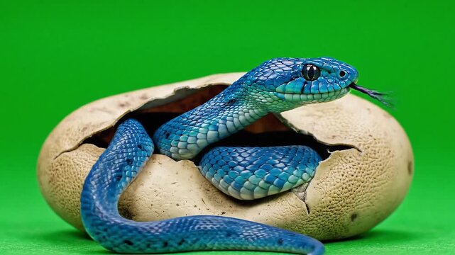 Blue viper snake emerging from a cracked egg shell isolated on a green screen background.