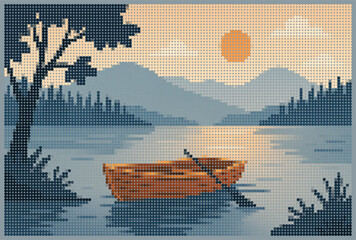 Peaceful boat on mountain lake halftone dot matrix poster