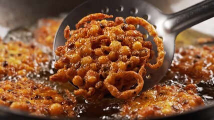 Closeup view of goldenbrown Indian savory snacks possibly boondi or pakora being deepfried in bubbling hot oil within a traditional wok expertly scooped out with a slotted spoon showcasing the crispy.
