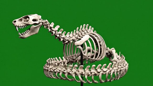 A detailed and realistic skeleton of a snake coiled on a vibrant green background, showcasing its intricate bone structure and sharp teeth