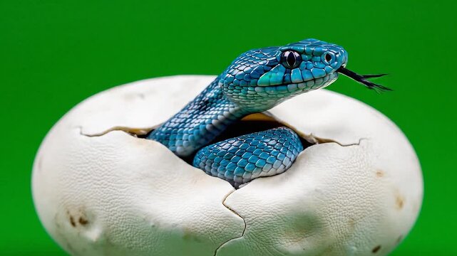 A vibrant blue snake emerges from its egg, symbolizing new beginnings and the wonder of nature's creations