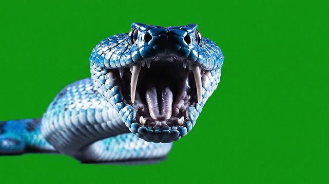 A striking close-up of a vibrant blue snake, featuring sharp fangs and an intimidating open mouth, poised to strike against a vivid green screen for versatile background removal and compositing
