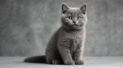 Portrait of a British Shorthair kitten sitting calmly on a neutral studio background with natural fur texture and sharp focus
