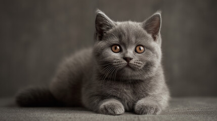 Portrait of a British Shorthair kitten sitting calmly on a neutral studio background with natural fur texture and sharp focus