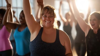 Group of diverse women engaged in energetic fitness class, raising arms in celebration, showcasing joy and camaraderie, camera follows movement with dynamic energy