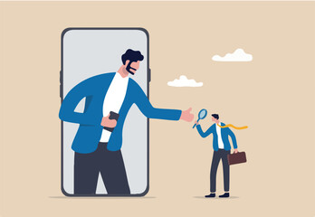 KYC, Know your customer process to identify user in online banking, cryptocurrency trading or cyber transaction concept, businessman using magnifying glass to analyze, identify user on smartphone app