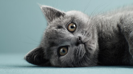 Playful British kitten portrait looking at the camera with minimal pastel background realistic fur and calm friendly mood professional studio photography