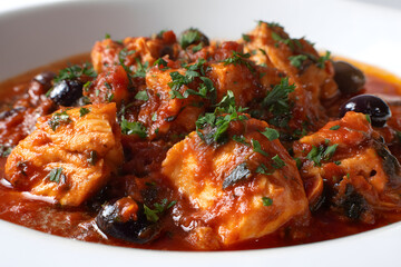 Fototapeta premium Traditional Stocafi Dish Featuring Tender Fish in Rich Tomato Sauce with Olives and Fresh Parsley Garnish