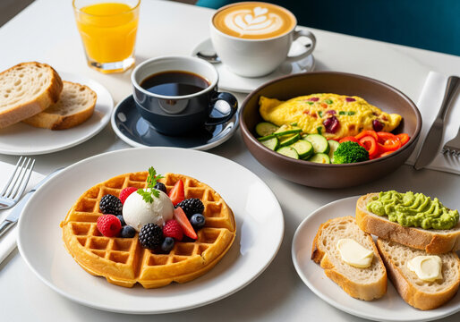 Morning breakfast on a table above, waffles with cream, berries, coffee, cappuccino, bowl, omlet with vegetables, bread with butter, avocado cream, vegan food, healthy food, meal.