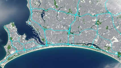 Expansive aerial view showcasing a sprawling coastal city with intricate urban infrastructure and interconnected blue network lines over land and sea