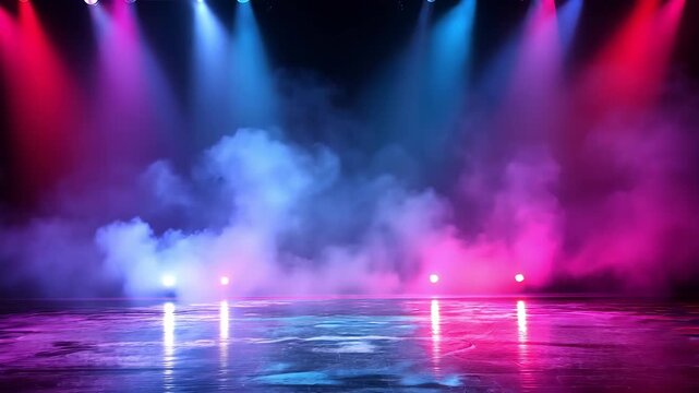 Dynamic stage illuminated by bright red and blue spotlights with fog creating an electrifying atmosphere