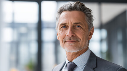 Portrait of a successful senior business consultant smiling confidently in a modern office with natural light wearing professional attire