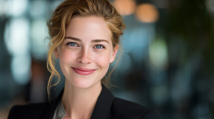 Portrait of a confident business woman smiling at camera in modern office wearing professional attire