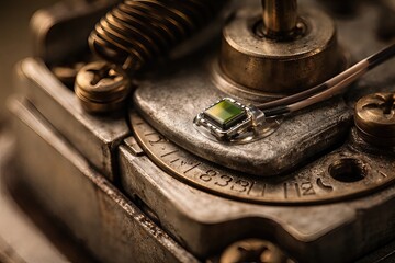 Microelectronic component on a vintage metallic substrate showcasing intricate details and engineering precision highlighting the intersection of technology and art in innovation