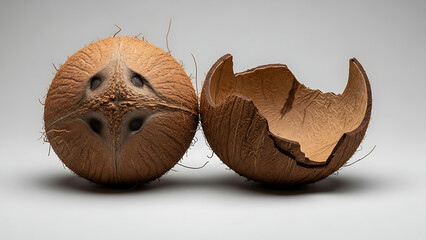 Whole and broken brown coconut shells on white background