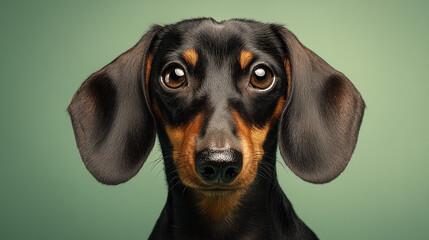Close-up of a single dachshund dog centered on a light green backdrop with crisp details and realistic colors, modern animal photography style