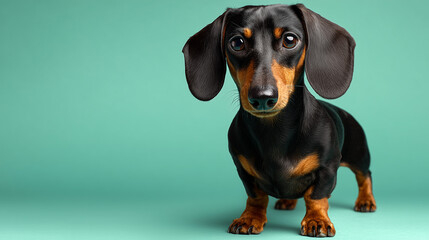 Single dachshund facing camera on pastel green background with calm expression, balanced soft lighting, natural colors, realistic proportions, minimal composition, ultra-detailed studio pet photograph