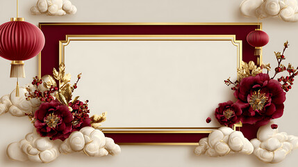 Luxury chinese background with festive oriental background design featuring red lantern frame gold border flower cloud decoration elegant style