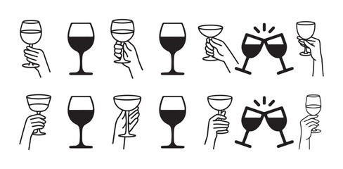 Wine Glass Toast and Cheers Hand Gesture Icon Set. People Clinking Wine Glasses Celebration vector, cheers Gesture Line Icon Collection, vector illustration eps 10