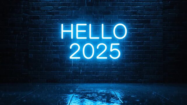 A neon sign reading Hello 2025 shines brightly in a dark room with a reflective floor