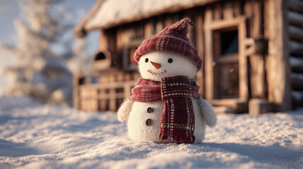 Snowman wearing a red woolen cap and scarf standing on soft snow in front of a small cozy cabin in a warm yet crisp winter atmosphere