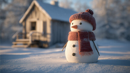 Snowman wearing a red woolen cap and scarf standing on soft snow in front of a small cozy cabin in a warm yet crisp winter atmosphere