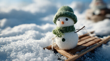 Tiny snowman with a green knitted hat and scarf placed on snow near a wooden sled in a realistic snowy winter landscape with soft natural lighting
