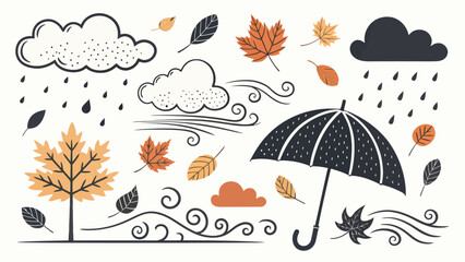 Obraz premium Rainy autumn day with umbrella and falling leaves in wind