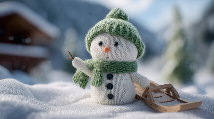 Tiny snowman with a green knitted hat and scarf placed on snow near a wooden sled in a realistic snowy winter landscape with soft natural lighting