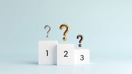 A podium (labeled 1, 2, 3) has floating metallic question marks (silver, gold, copper) above each tier—symbolizing uncertainty about rankings.