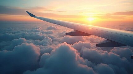 An airplane wing stretches over a fluffy cloud sea, lit by the warm, golden glow of a sun low in the sky—capturing a serene, elevated travel moment.