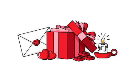 Festive Valentine's Day gift box with romantic symbols like hearts, envelope, candle, and chocolates