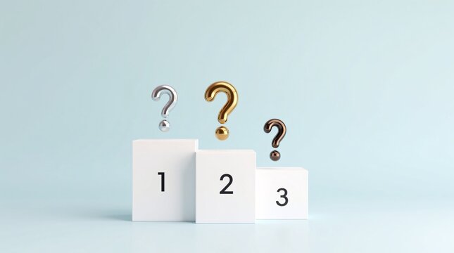 A podium (labeled 1, 2, 3) has floating metallic question marks (silver, gold, copper) above each tier&mdash;symbolizing uncertainty about rankings.
