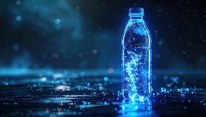 Glowing blue digital water bottle schematic with sparkling particles on a dark textured surface with atmospheric haze and bokeh lights