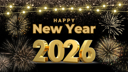 Golden 3D Happy New Year 2026 Text with Fireworks and Fairy Lights on Black