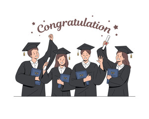 Four graduates celebrating together. Graduation announcements. Clean flat vector.