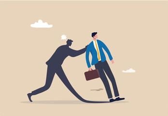 Courage entrepreneur, pushing yourself to success, encourage self believe, determination or aspiration to overcome challenge concept, fearful businessman being push by his shadow self to success