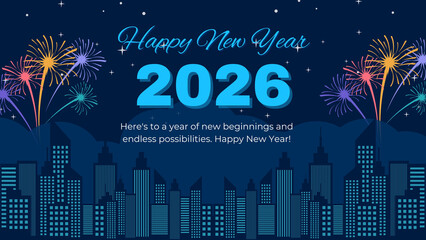 Happy New Year 2026 City Skyline Illustration with Fireworks and Blue Night Sky