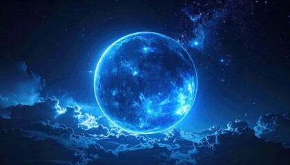 Glowing Blue Sphere Surrounded By Clouds And Stars In A Dark Night Sky With A Mystical And Ethereal Ambiance