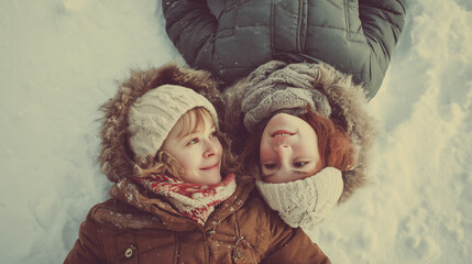 Top view portrait of mother and small daughter enjoying a peaceful winter walk on snow in a natural setting, soft winter tones, realistic family bonding moment
