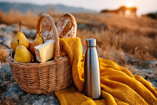 Featuring a picnic basket filled with bread, fruit, cheese, and a thermos, set against a backdrop of a sunset over a desert landscape.